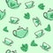 Vector seamless pattern with green tea leaf, teapots and cups. Hand drawing vintage texture.