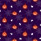 Vector seamless pattern for the Halloween holiday. Cobwebs, pumpkins and spiders on an dark purple background. Horror texture.