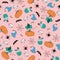 Vector seamless pattern for Halloween. Pumpkin, bat and other items on Halloween theme. Bright cartoon pattern for