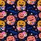 Vector seamless pattern for Halloween with smiling pumpkins and colorful flowers