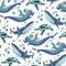 Vector seamless pattern with Hammerhead, ordinary shark and turtles with bubbles. Cute animals are swimming everywhere