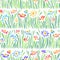 Vector seamless pattern with hand drawing daisies and grass, colorful artistic botanical illustration, isolated floral