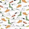 Vector seamless pattern with hand drawing shoes. Colorful boots in repeat background