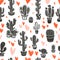 Vector seamless pattern with hand drawn cactus elements & hearts isolated on white background.