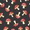 Vector Seamless Pattern with Hand Drawn Cartoon Flat Mushrooms on Black Background. Amanita Muscaria, Fly Agaric