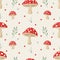 Vector Seamless Pattern with Hand Drawn Cartoon Flat Mushrooms on White Background. Amanita Muscaria, Fly Agaric