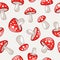 Vector Seamless Pattern with Hand Drawn Cartoon Mushrooms. Amanita Muscaria, Fly Agaric Illustration. Print with