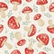 Vector Seamless Pattern with Hand Drawn Cartoon Mushrooms. Amanita Muscaria, Fly Agaric Illustration. Print with