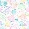 Vector seamless pattern with hand drawn colorful seashellsl. Multicolor abstract background with shells.