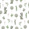 Vector seamless pattern of hand drawn flat funny baby hare with stylized leaves and dandelions.