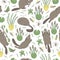 Vector seamless pattern of hand drawn flat funny beavers in different poses. Cute repeat background with frog, reeds, water