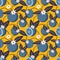 Vector seamless pattern with hand drawn repeating blue  oranges on a yellow background