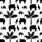 Vector Seamless pattern with hand drawn silhouette elephants and baby elephant, palm trees