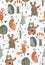 Vector seamless pattern with hand drawn wild forest animals with musical instruments.