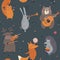 Vector seamless pattern with hand drawn wild forest animals with musical instruments.