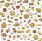 Vector seamless pattern hand sketched nuts on white background in hand drawn style: hazelnut, almonds, peanuts, walnut, cashew