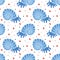 Vector seamless pattern of handdrawn nautilus or mollusk in shell around stars and hearts on the white background. Concept for