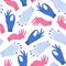 Vector seamless pattern of hands. Mysterious mythical repeat background. Different arms in blue and pink colors