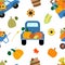 Vector seamless pattern harvest truck with pumpkins, sunflowers, corn, apple basket, wheat spikelets. White background