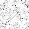 Vector seamless pattern with headphones, microphones,notes, inc splash, blots, smudge and brush strokes Black and white grunge