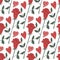 Vector seamless pattern with hearts and flowers. Red rose Valentines. Symbols of Valentine s day. Hand drawn illustration. The