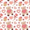 Vector seamless pattern with hearts and teddy bear. andy and cupcake. Valentines. Symbols of Valentine s day. Hand drawn