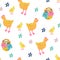 Vector seamless pattern with hens, chickens, wicker baskets full of colorful eggs.