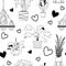 Vector seamless pattern with house potted plants and hearts. Monochrome fabric design, wrapping paper, textile, texture