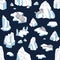 Vector Seamless pattern with iceberg, seals, penguins and ice floes.