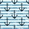 Vector seamless pattern with icons of anchor. Creative geometric blue lined grunge background