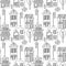 Vector seamless pattern with the image of vintage monochrome houses, street lamps and plants. Design for printing postcards,