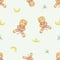 Vector seamless pattern imaging smiling colorful lion cube holding banana in hands, paws