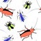 Vector seamless pattern of insect pests - oriental cockroaches, flies, mosquitoes. Bright pest control texture