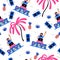 Vector seamless pattern with joyful dj and palm trees.