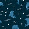 Vector seamless pattern jumping dolphin on dark blue background. Cute marine animal digital paper. Summer night sea water texture