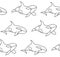 Vector seamless pattern of killer whale in outline style. Line art cartoon orca