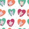 Vector seamless pattern with kitten. Funny background with animals for kids. Cute in love cat in heart. Romantic. White