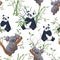 Vector seamless pattern with koalas and pandas with leaves, branches, bamboo.