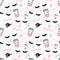 Vector seamless pattern with lashes and mascara, brush stroke, coffee cup. Closed eyes background.