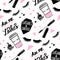 Vector seamless pattern with lashes and mascara, brush stroke, coffee cup. Closed eyes background.