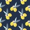 Vector seamless pattern with lemon branches, leaves and flowers on a dark blue background