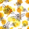 Vector seamless pattern with linear bee, liquid honey and watercolor honeycombs.