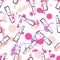 Vector seamless pattern with lipsticks, watercolor blots and splashes.