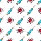 Vector seamless pattern on a medical theme in the Doodle style. Coronavirus and a vaccine syringe on a white background
