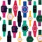 Vector seamless pattern of men's and women's watches and dials. Watches collection on white background. Bright