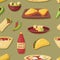 Vector seamless pattern with mexican food, nachos, hot sauces, tortillas. Latin American spicy fast food