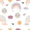 Vector seamless pattern with moon, stars, kawaii rainbow, scandi rainbow. Baby, child print, linens texture. Nursery illustration.