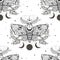 Vector seamless pattern with moth butterfly.Hand-draw illustration. Design tattoo art. With mystic and occult hand drawn symbols