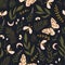 Vector seamless pattern with moths and night butterfly. Beautiful romantic print. Dark botanical design.