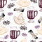 Vector seamless pattern of mulled wine ingredients. Hand drawn vintage elements. Glass, orange, cinnamon, anise.